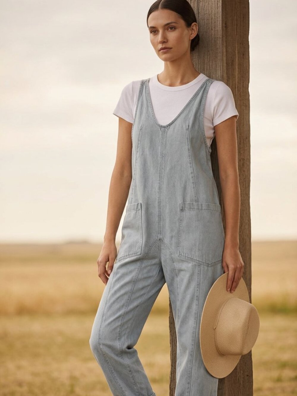 Free People Light Gray Denim Jumpsuit